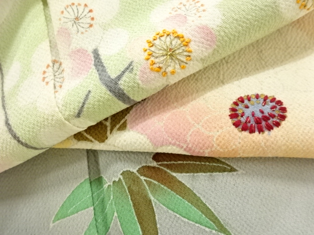  大正ロマン　錦紗草花に幕・御所車模様刺繍五つ紋花嫁衣装振袖3枚重ね